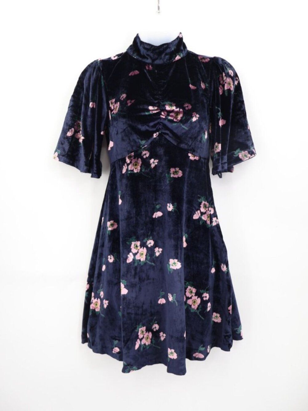 Free People Be My Baby Velvet Mini Dress Size 0 Navy Floral Print Flutter Sleeve - Picture 2 of 16